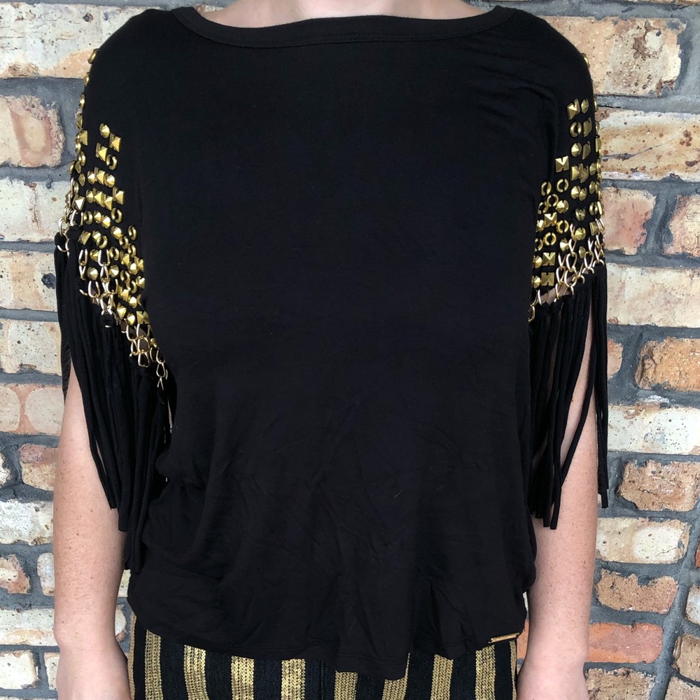 Michael Kors Black Top with Gold Metal and Fringe